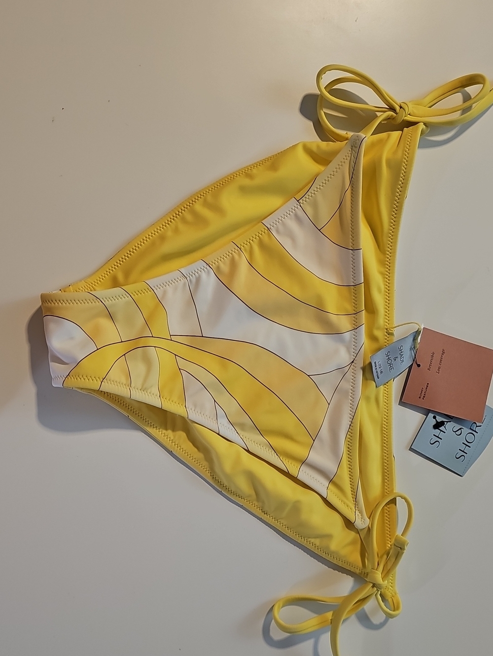 Shade & Shore Women's L REVERSIBLE Yellow/White Geo Print Side-Tie Bikini Bottom